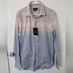 Bugatchi Mens Beige and White Plaid Shirt